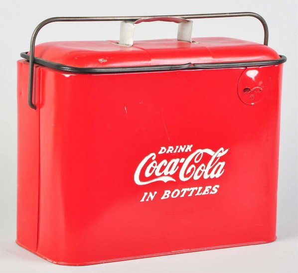 Coca-Cola Picnic Cooler.: 1950s. Repainted interior and exterior. Still exhibits general roughness overall with dents, scrapes, paint drips, and light wear. Condition (Very Good). Size 16" x 18" x 8".