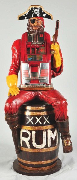 Recreated Pirate with 25¢ Mills Slot Machine.: Fiberglass. Working condition, plays well. Player located in barrel that would speak to you when played but was not tested. Slot in working condition. Condition (Excellent). Size 75" T.