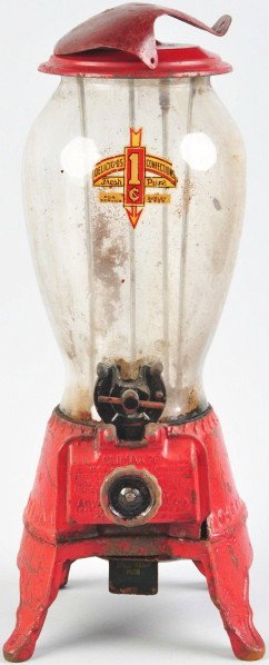Climax 10 Peanut Machine with Slug Ejector.: Appears to be a later vendor repaint. Small hole in casting as shown, lower right. Usually missing tray is included but needs to be reattached. Flap also included. Back door missing lock. Condition (V