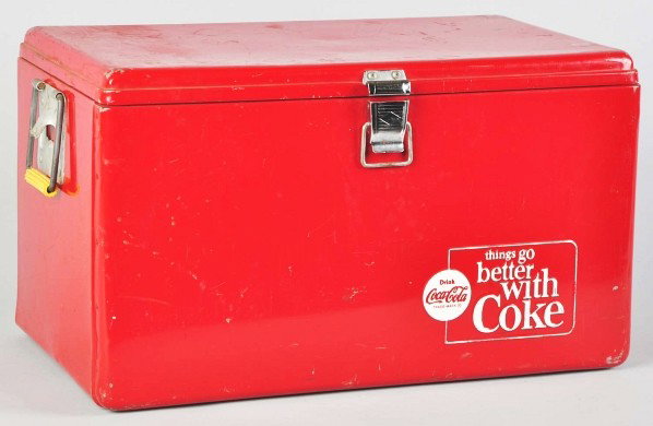Coca-Cola Picnic Cooler.: 1960s. Not commonly found (like most of the 60s models), this cooler shows medium to heavy overall wear and some paint chips and nicks. Condition (Good - Very Good). Size 13" x 22" x 13".
