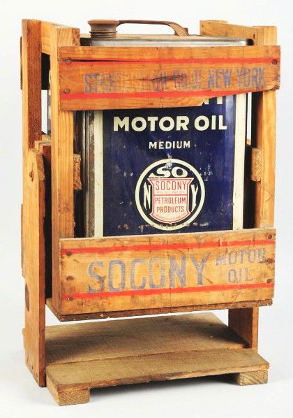 Standard Oil 5-Gallon Can & Dispensing Cradle.: Circa 1913 to 1920s. Strong stencil remains on the hard-to-find cradle assembly. Nice overall condition with just light to moderate surface rust, small paint chips, and nicks. Condition (Very Good). S