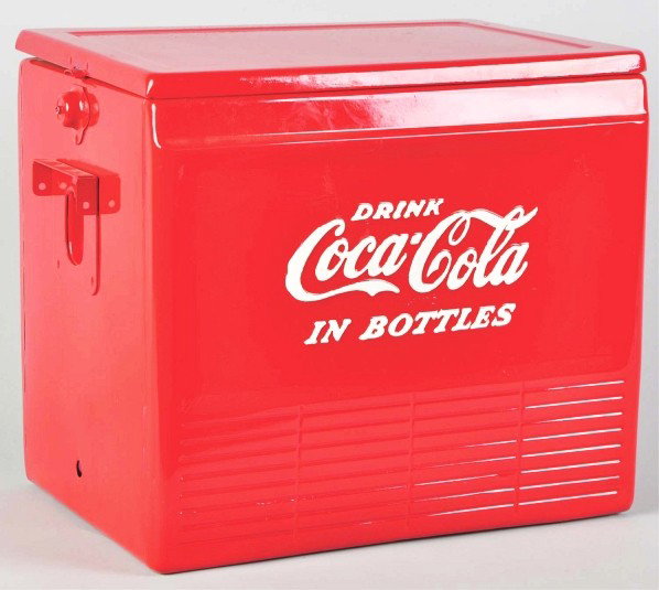 Coca-Cola Picnic Cooler.: 1950s to 1960s. Restored and repainted interior and exterior. Quality of work is average to good. Exhibits some underlying roughness and side carry handles and top hinges are missing. Condition (Good 