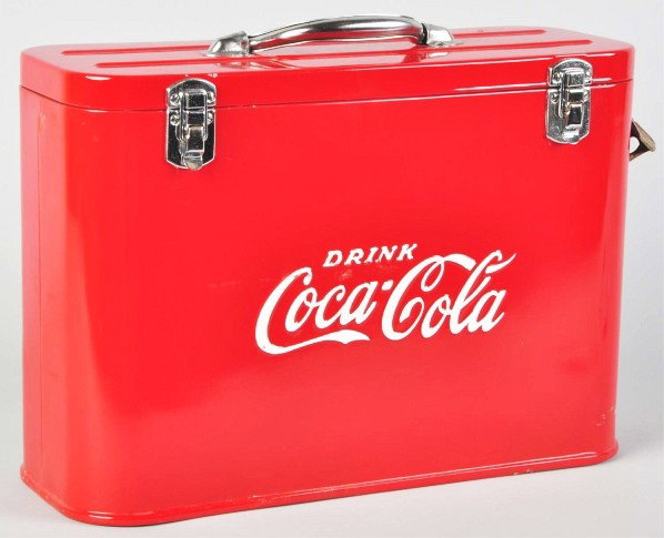 Coca-Cola Airline Cooler.: 1950s. Good quality repaint to exterior with original, untouched stainless steel inside. Some minor marks, small nicks, and light wear still evident. Condition (Very Good - Excellent). Size 12" x 17" 