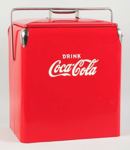 Oversized Coca-Cola Picnic Cooler.: 1950s. Clean and repainted. Original interior pan. Some minor brush marks are visible with some slight surface roughness beneath the paint. Condition (Excellent). Size 24 - 1/2" T.