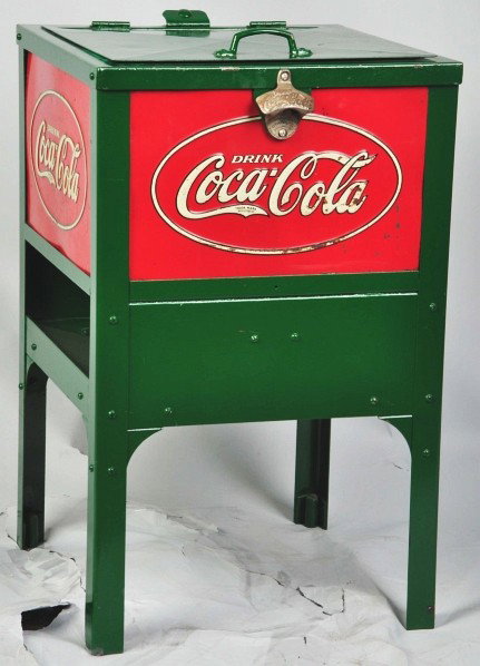 Coca-Cola Glascock Single Case Cooler.: Circa 1929. Repainted interior and exterior except for the original embossed tin cooler panels that exhibit moderate wear, stains, and small marks. Otherwise, just a few light marks and scratches over