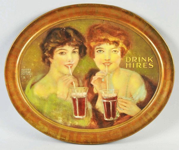 Tin Hires Root Beer Sign.: Circa 1915. Self-framed edge. Displays well, however has overall wear, spider-webbing, some rubs, scratches and small color chips with random restoration. Artwork is by Harry Morse Meyers. Condition (