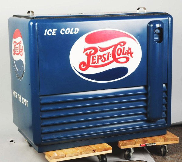 Pepsi-Cola Floor Cooler.: 1940s. Great-looking and seldom seen standard floor cooler with nice overall restoration to interior and exterior. Clean and bright with only light wear or minor marks of any sort. Condition (Excellen