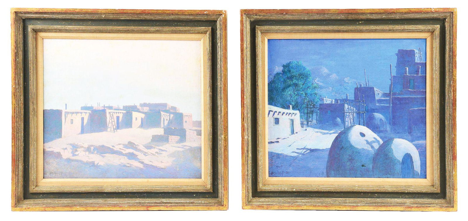 PAIR OF JACK VAN RYDER (AMERICAN, 1899 - 1967) "ADOBE VILLAGE LANDSCAPE".: Condition: Minor craquelure to both with no visible paint loss detected. Some minor age-related wear to the frames. Artist: Jack van Ryder (American, 1899 - 1967). Condition: Very Good - Excellent. Se
