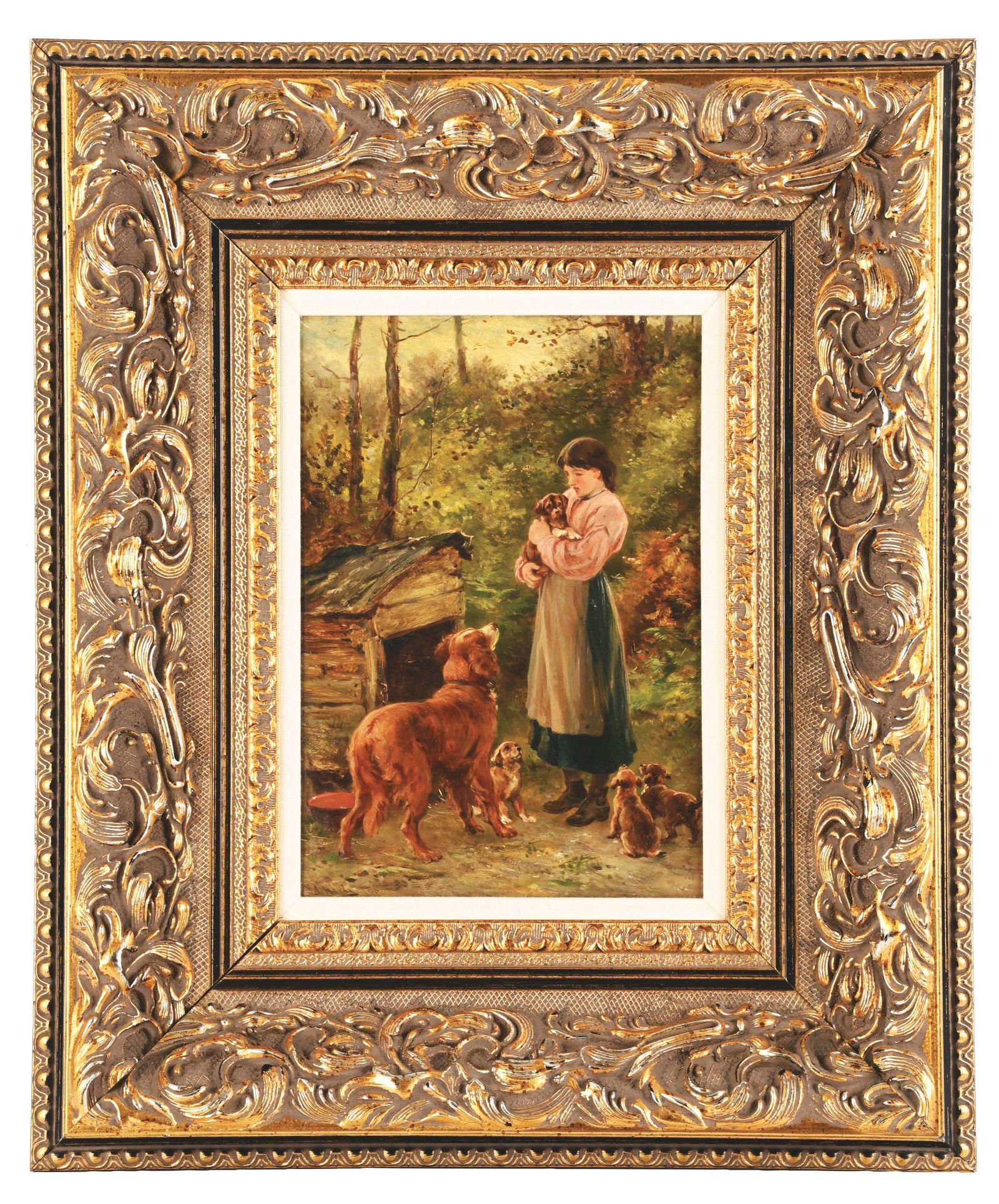 ATTRIB. TO: HARDY JR., JAMES (BRITISH, 1832 - 1889) "MEETING THE PUPPIES".: Artist: James Hardy Jr. (British, 1832 - 1889). Condition: Appears to be in excellent condition. Artwork has not been examined out of frame. Created: C. 1886. Frame: Gold and silver modern ornate fram