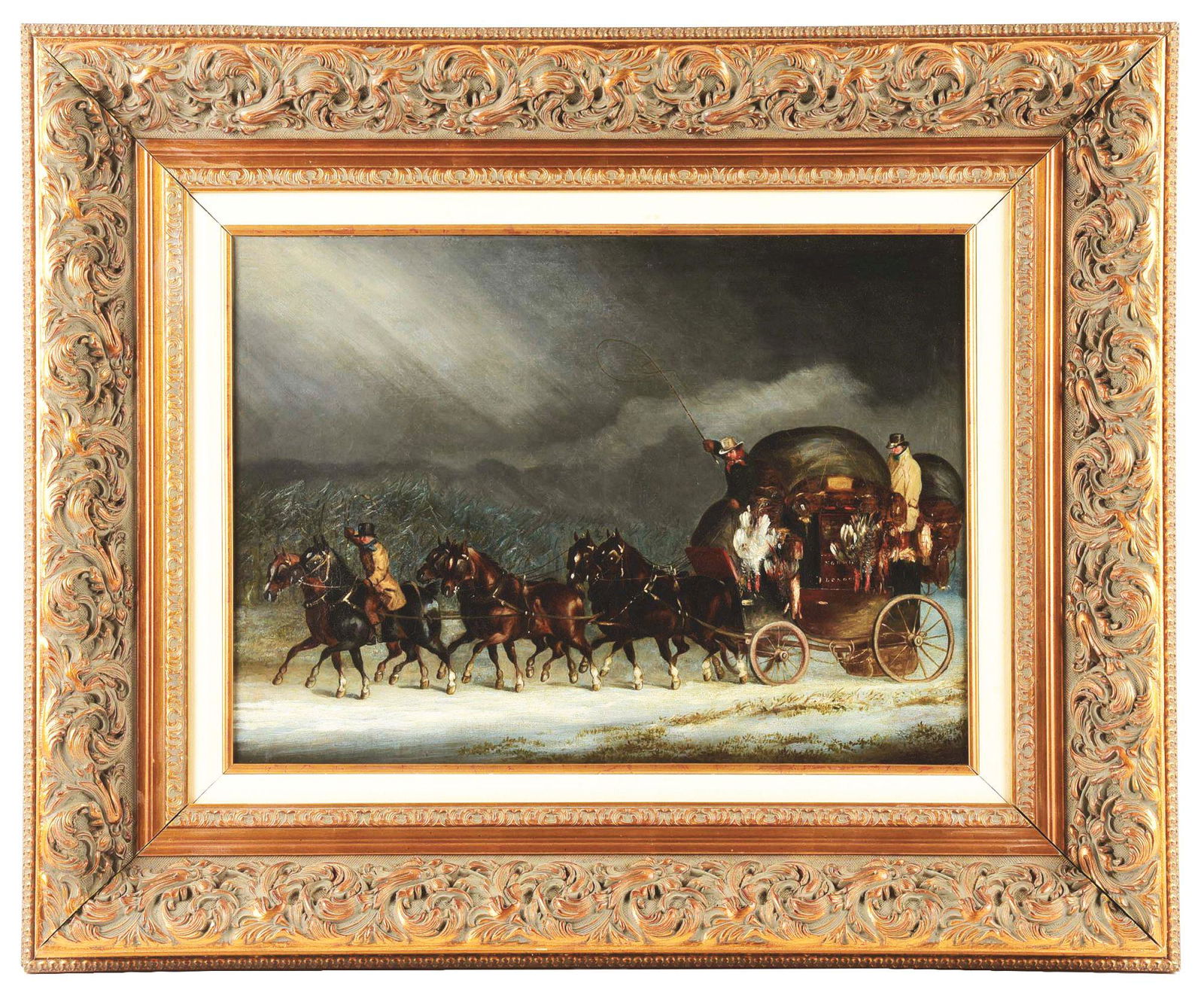 ATTRIB. TO: HENRY THOMAS ALKEN (BRITISH, 1785-1851) "RETURNING WITH THE SPOILS OF A WINTER HUNT".: Note to Condition: Some age-related craquelure are present, otherwise excellent. This is not a standard shippable item and will require 3rd party shipping or pickup arrangements to be made. Artist: Br