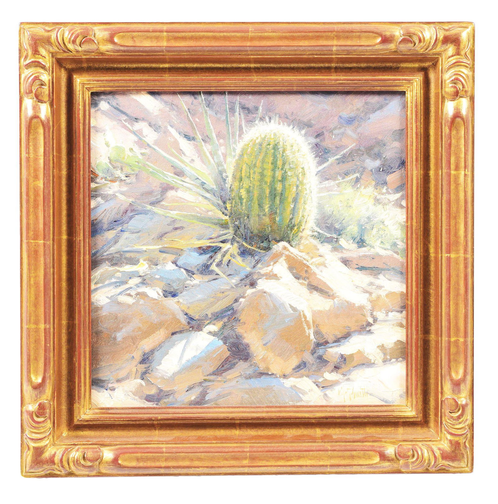 MATT SMITH (AMERICAN, B. 1960) "HORSE MESS BARREL".: Painting comes with original sales sticker from Scottsdale Art Auction. Artist: Matt Smith (American, b. 1960). Condition: Excellent. Created: 2009. Frame: Gold tone wood frame. Medium: Oil on canvas