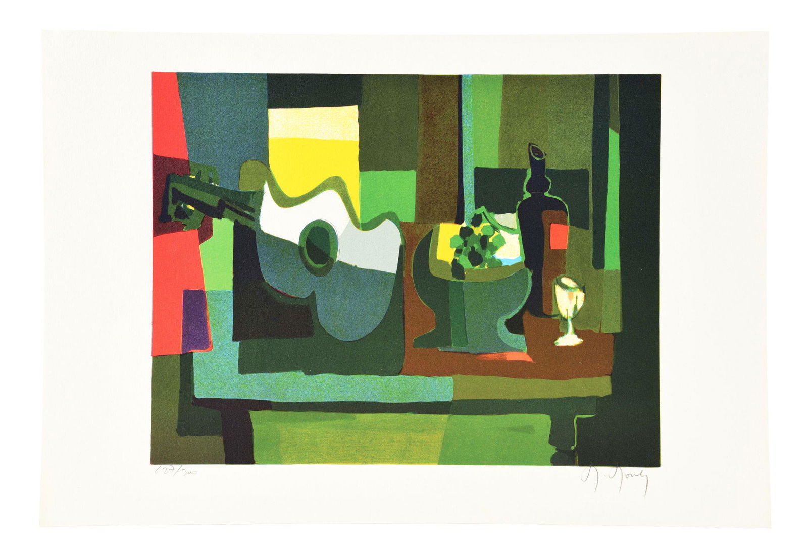 MARCEL MOULY (FRENCH, 1918 - 2008) "GUITARE ET COMPOTIER".: Limited edition 127/300. Artist: Marcel Mouly (French, 1918 - 2008). Condition: Excellent. Created: 1989. Frame: Unframed. Medium: Lithograph in color on Arches paper. Paperwork: Certificate of authen