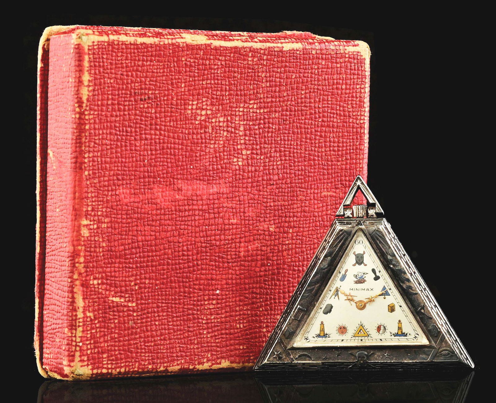 MINIMAX TRIANGULAR STERLING SILVER MASONIC O/F POCKET WATCH W/BOX. (1 of 8)