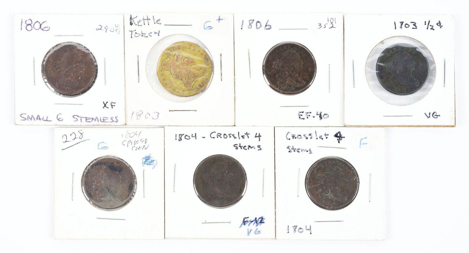 LOT OF 7: 6 HALF CENT COINS & 1 KETTLE TOKEN COIN. (1 of 2)