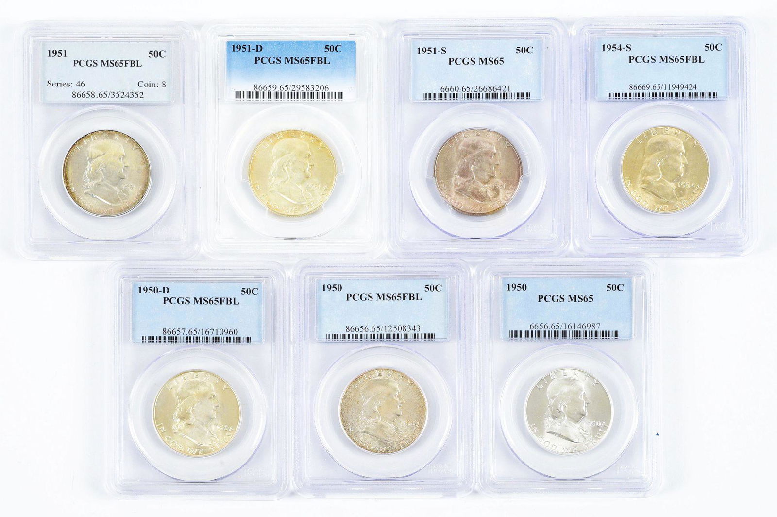 LOT OF 7: 1950 - 1954 FRANKLIN HALF DOLLARS, ALL GRADED. (1 of 2)