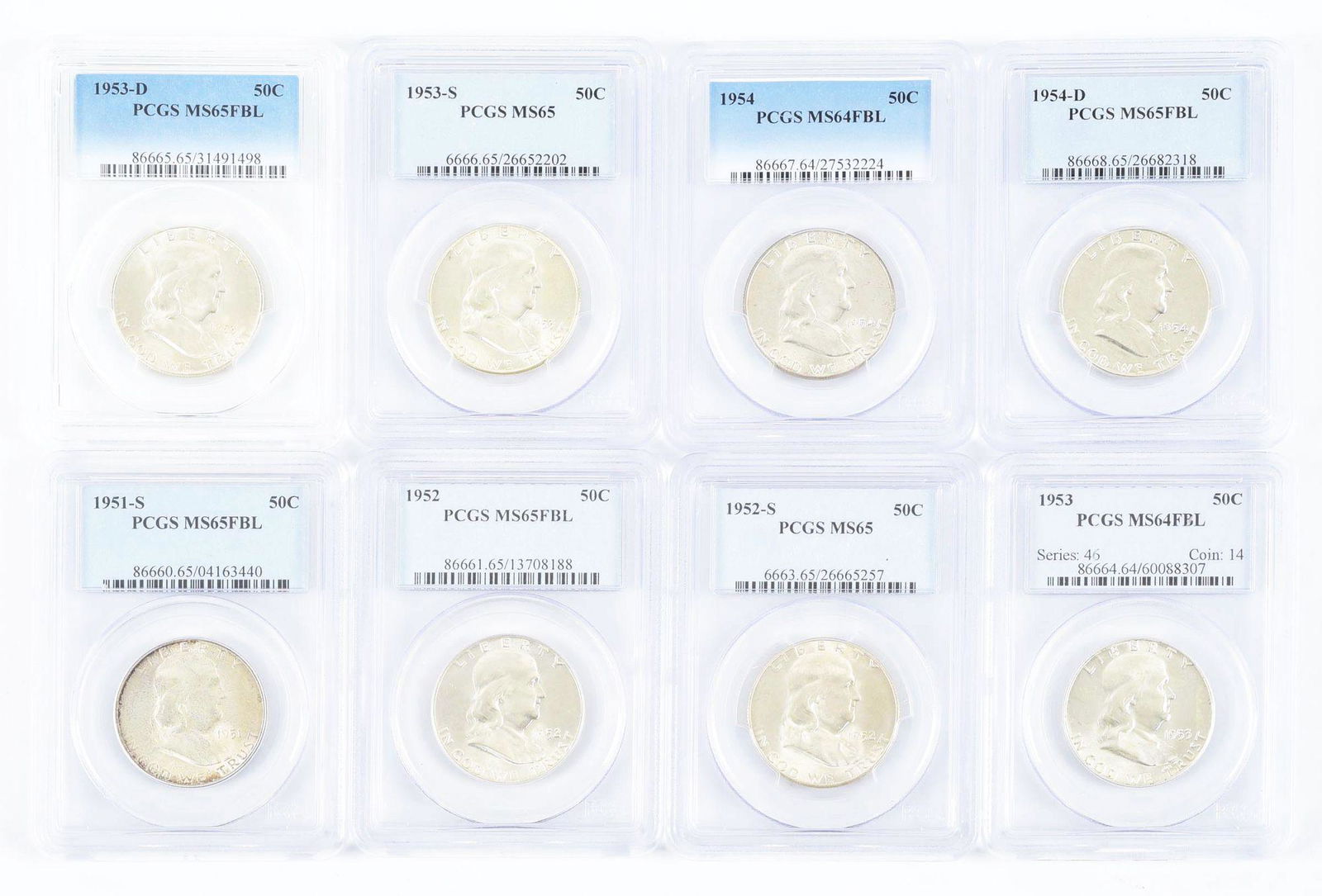 LOT OF 8: FRANKLIN HALF DOLLARS, ALL GRADED, 6 W/ FBL. (1 of 2)