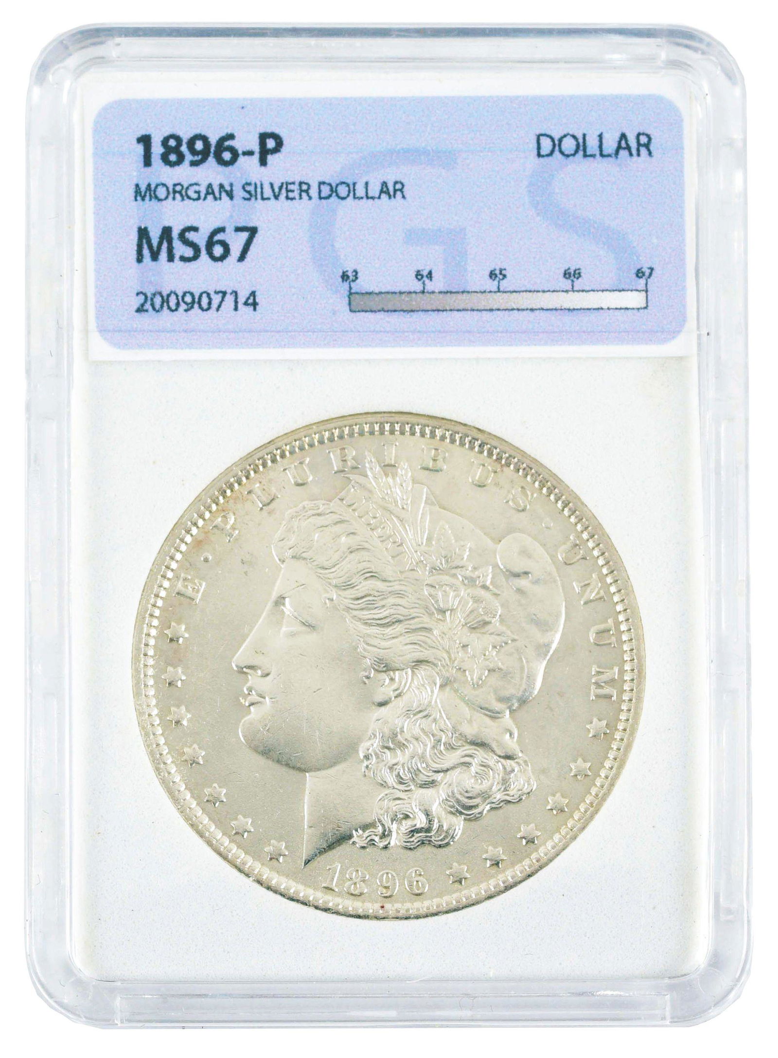 1896 MORGAN SILVER DOLLAR, MS67, PGS. (1 of 2)