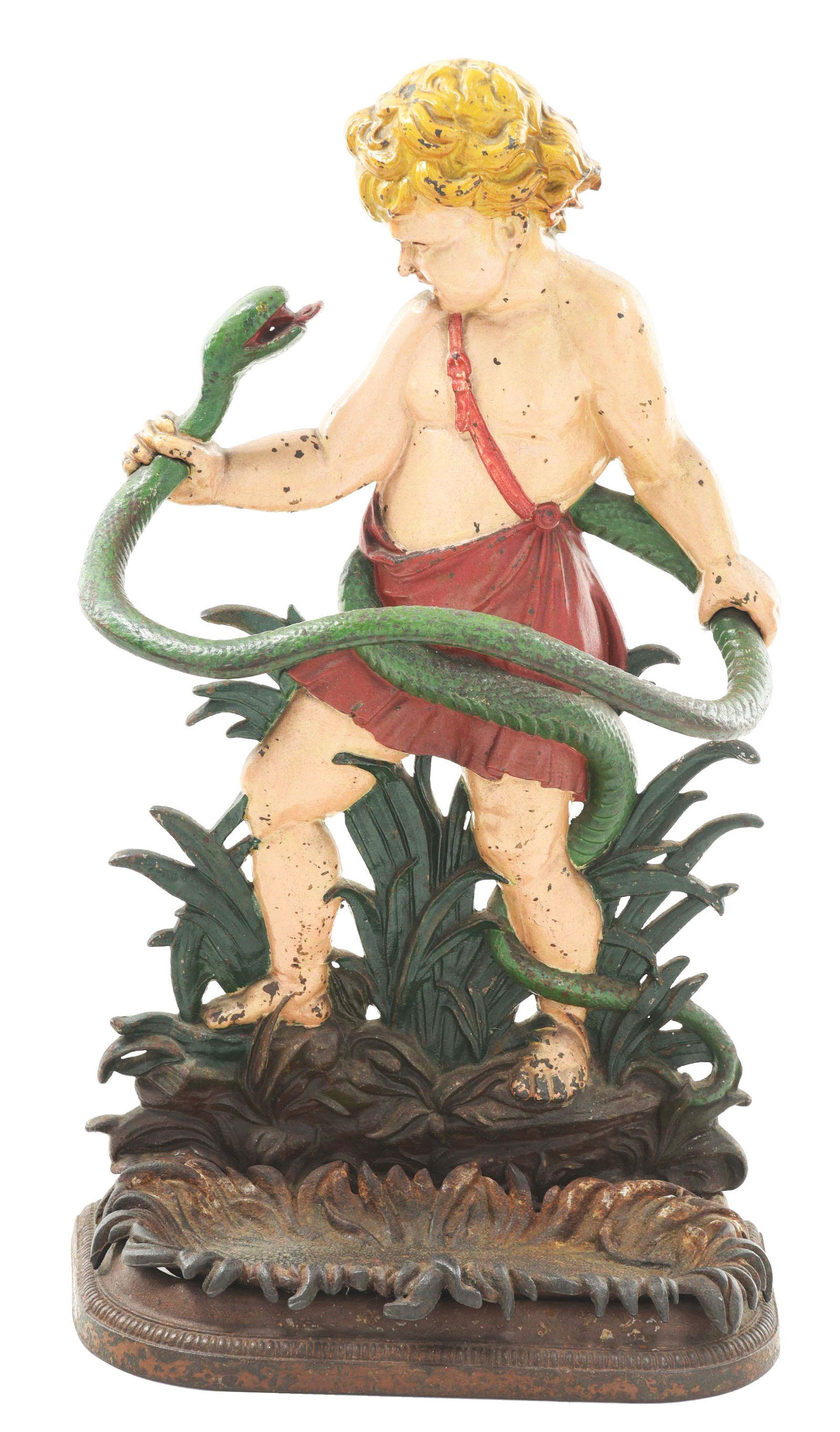 FIGURAL UMBRELLA STAND SHOWING SMALL BOY FIGHTING A SNAKE. (1 of 4)
