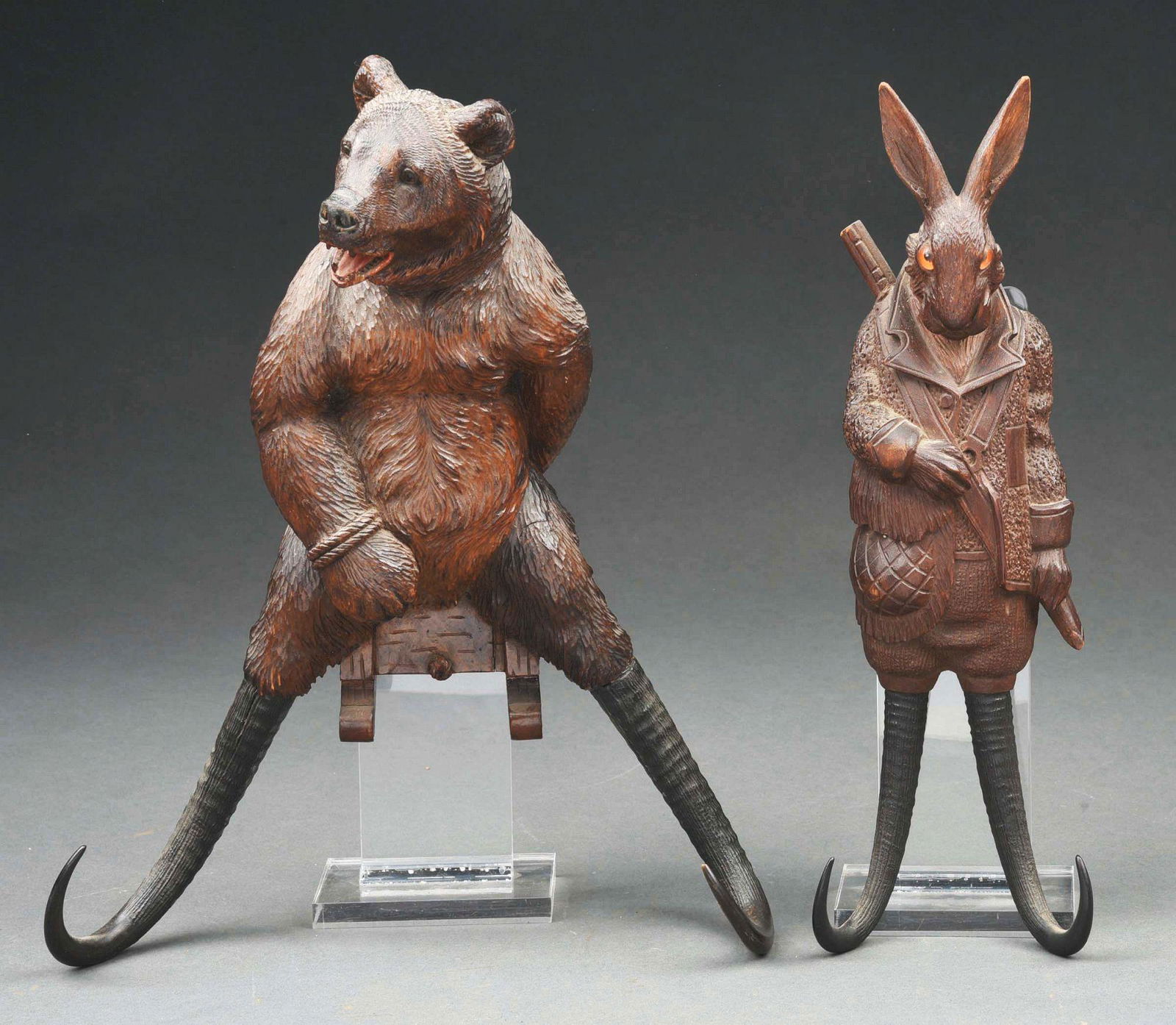 LOT OF 2: BLACK FOREST BEAR AND RABBIT WHIP OR COAT HOOK FIGURES. (1 of 4)