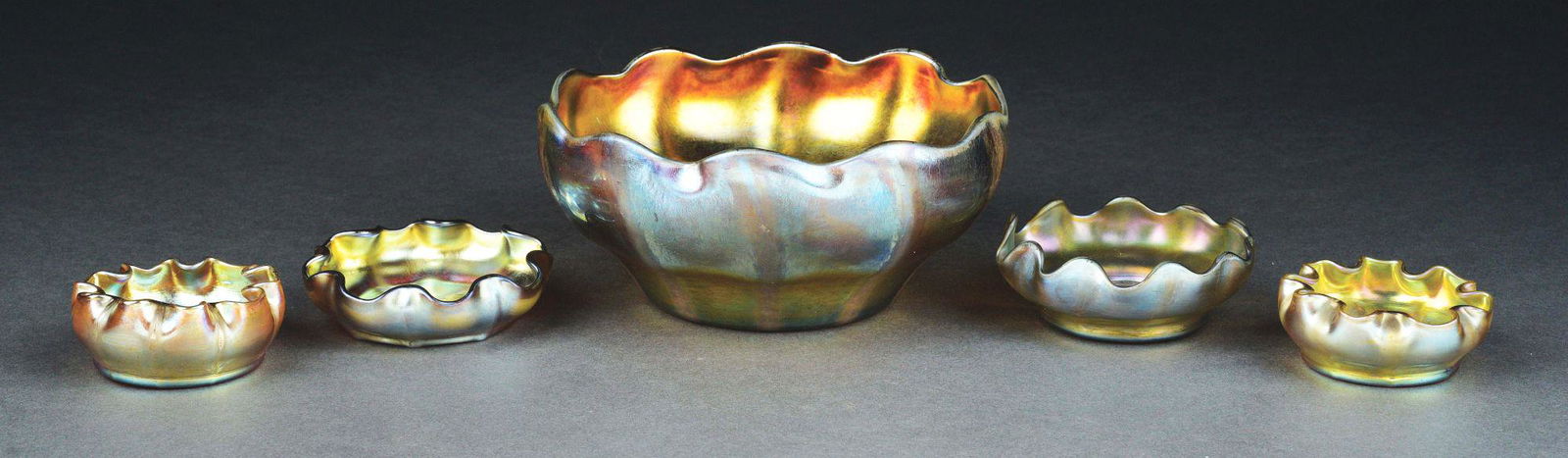LOT OF 5: SET OF TIFFANY STUDIOS FAVRILE GLASS SALTS AND BOWL. (1 of 7)