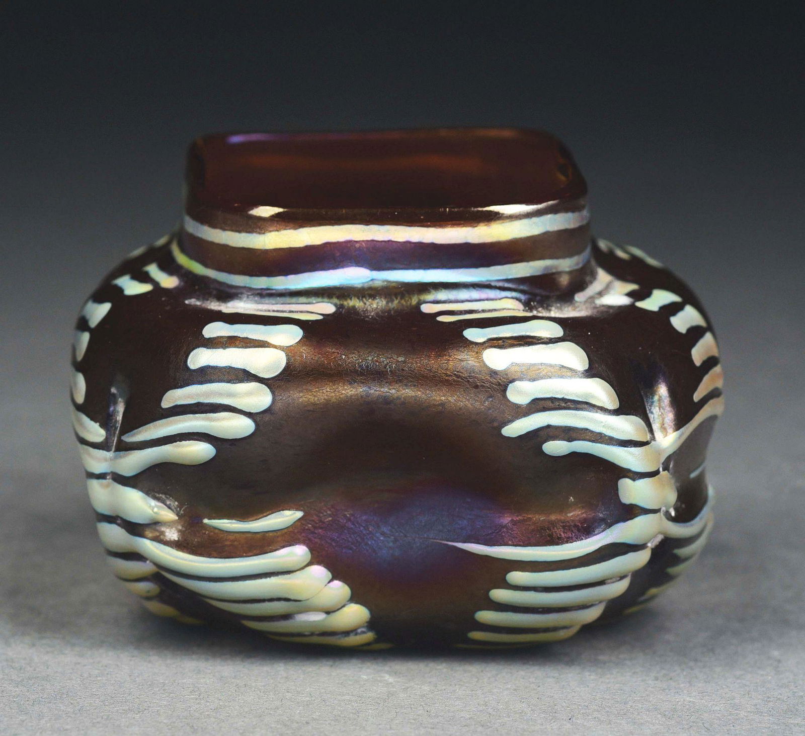 TIFFANY STUDIOS PURPLE FAVRILE GLASS CABINET VASE. (1 of 6)