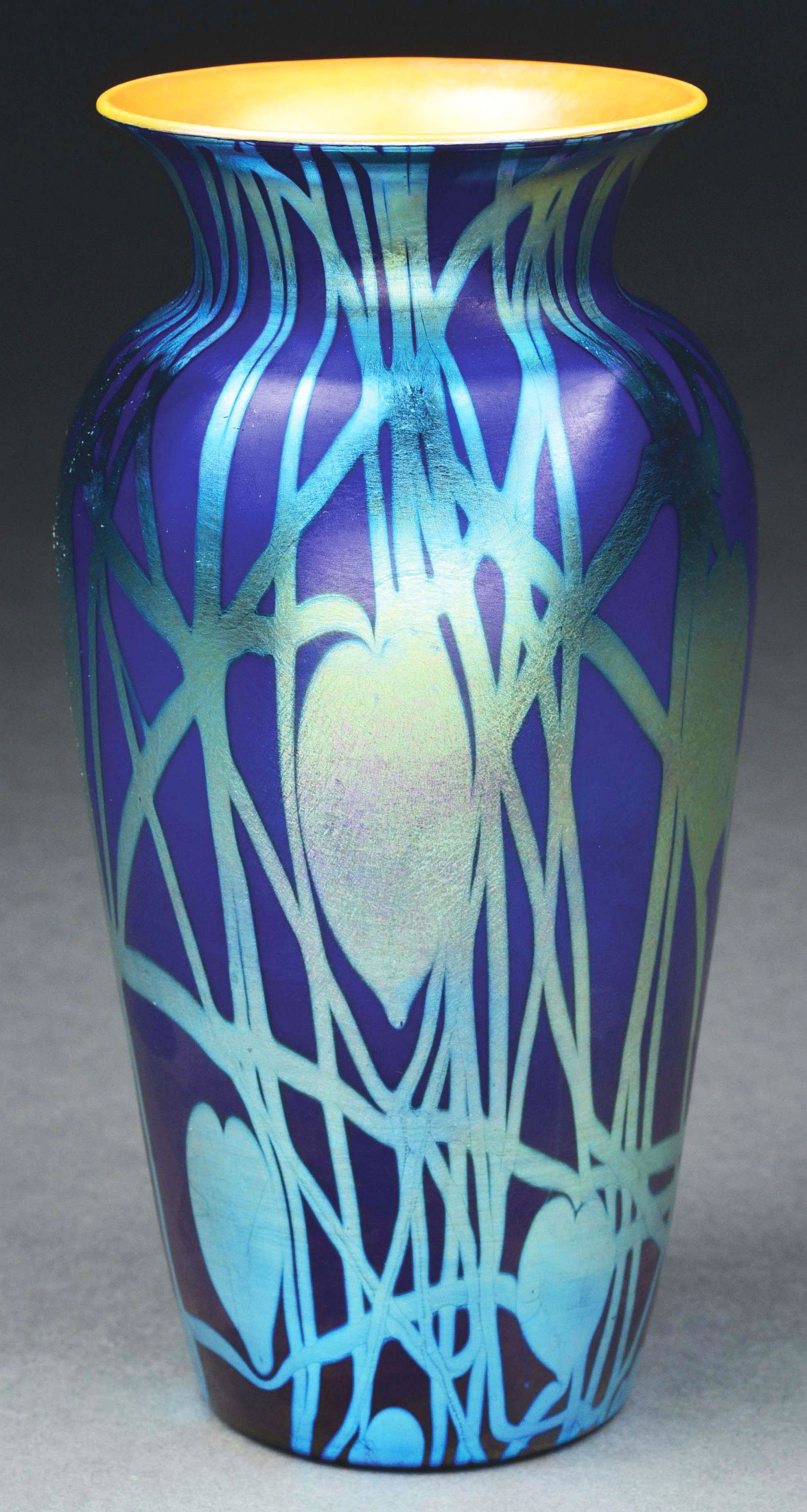 M. A. BACH IRIDESCENT BLUE LEAF & VINE ART GLASS VASE. (1 of 6)