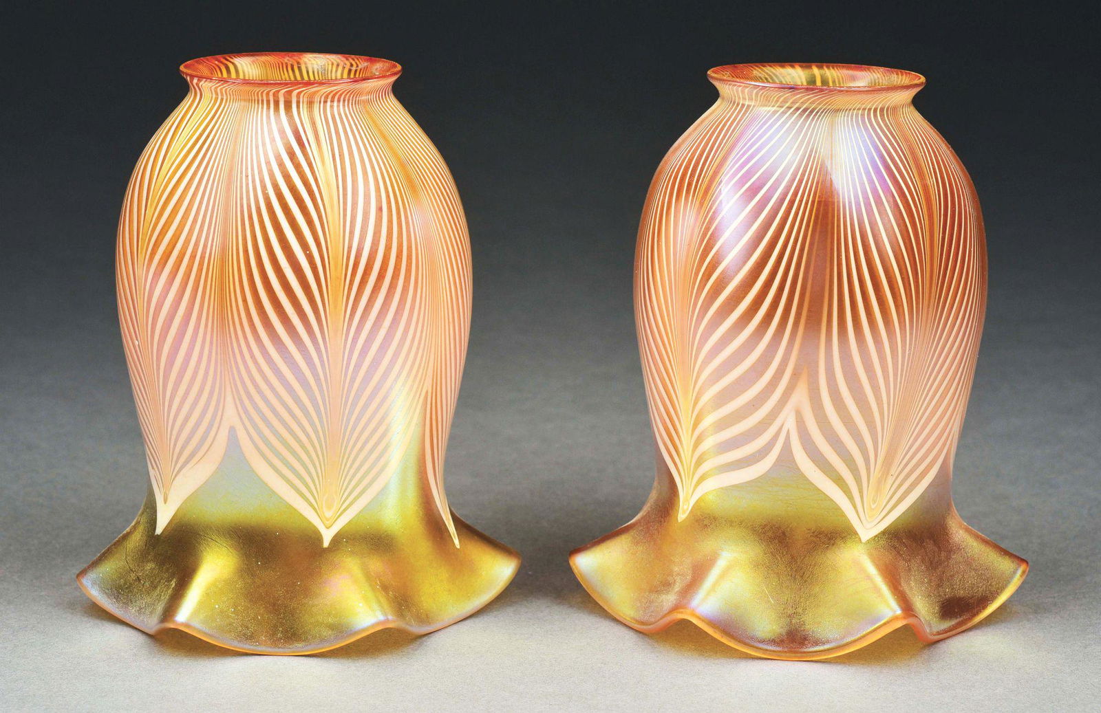 PAIR OF QUEZAL PULLED FEATHER SHADES. (1 of 5)