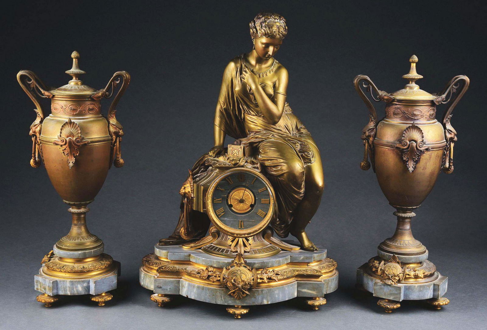 TIFFANY & CO. LARGE BRONZE FIGURAL MARBLE BASE CLOCK. (1 of 5)