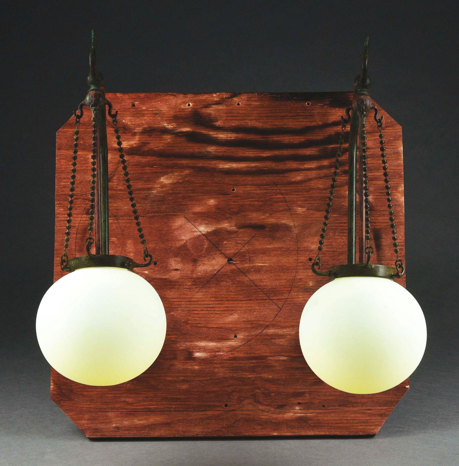 PAIR OF TIFFANY STUDIOS BRONZE SCONCES W/ EARLY TIFFANY GLOBE SHADES. (1 of 8)