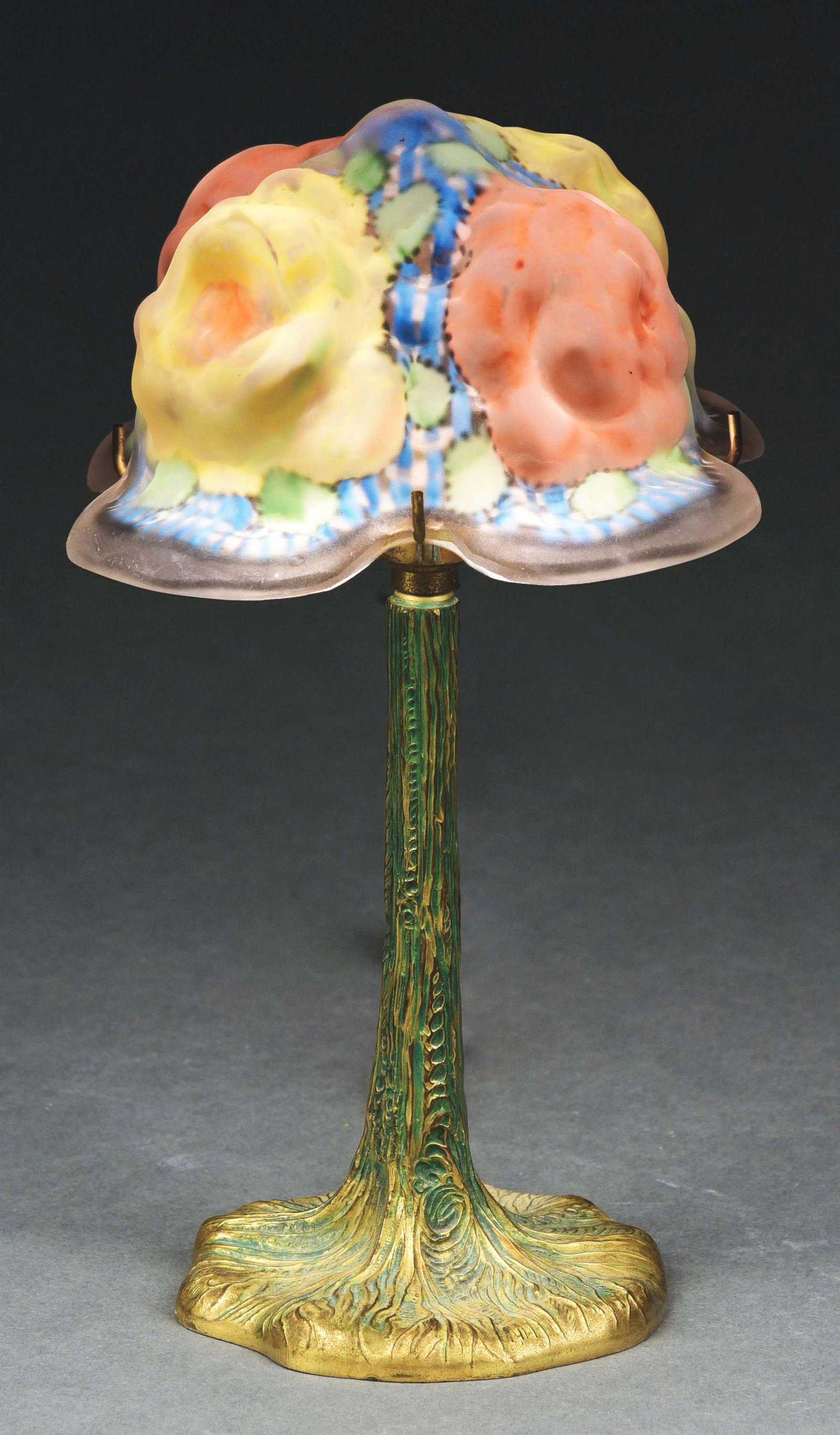 PAIRPOINT ROSE BOUQUET BOUDOIR LAMP.: Beautiful rose boudoir lamp by Pairpoint. The 6 – ½” clover-shaped shade has a frosted clear background with blue painted and white stripes throughout. Further decorated by blown-out 