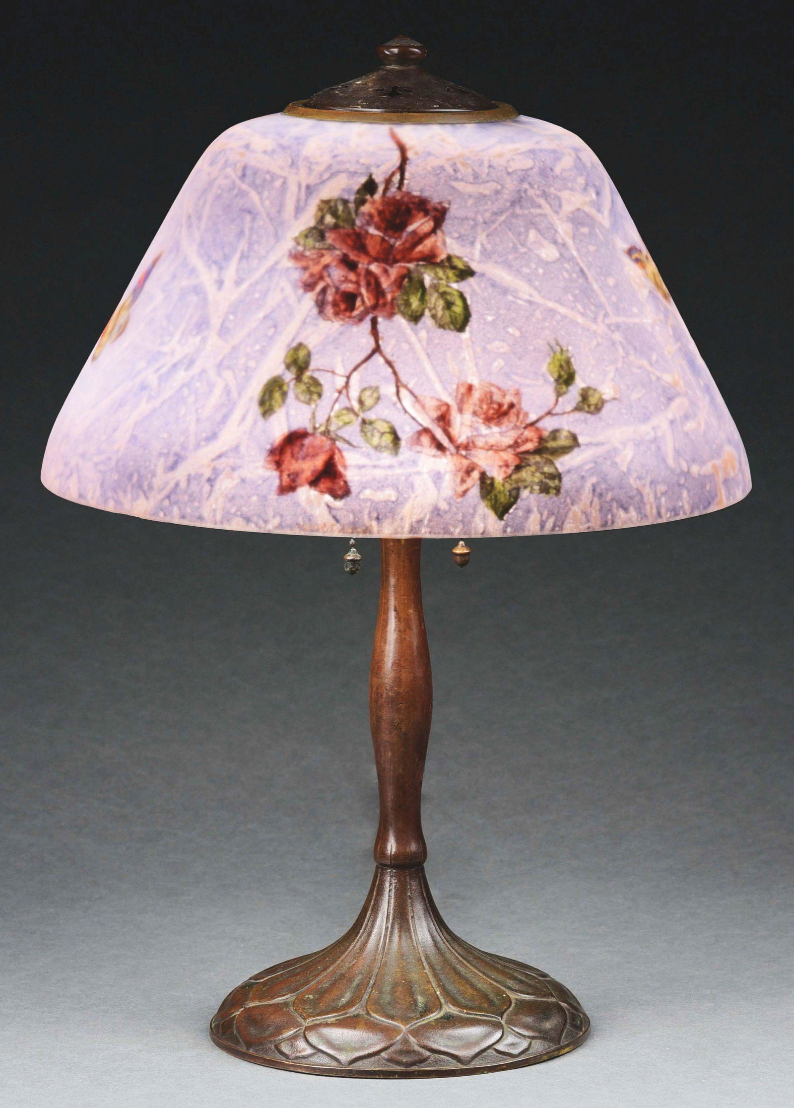 HANDEL REVERSE PAINTED BUTTERFLY & ROSE TABLE LAMP. (1 of 12)