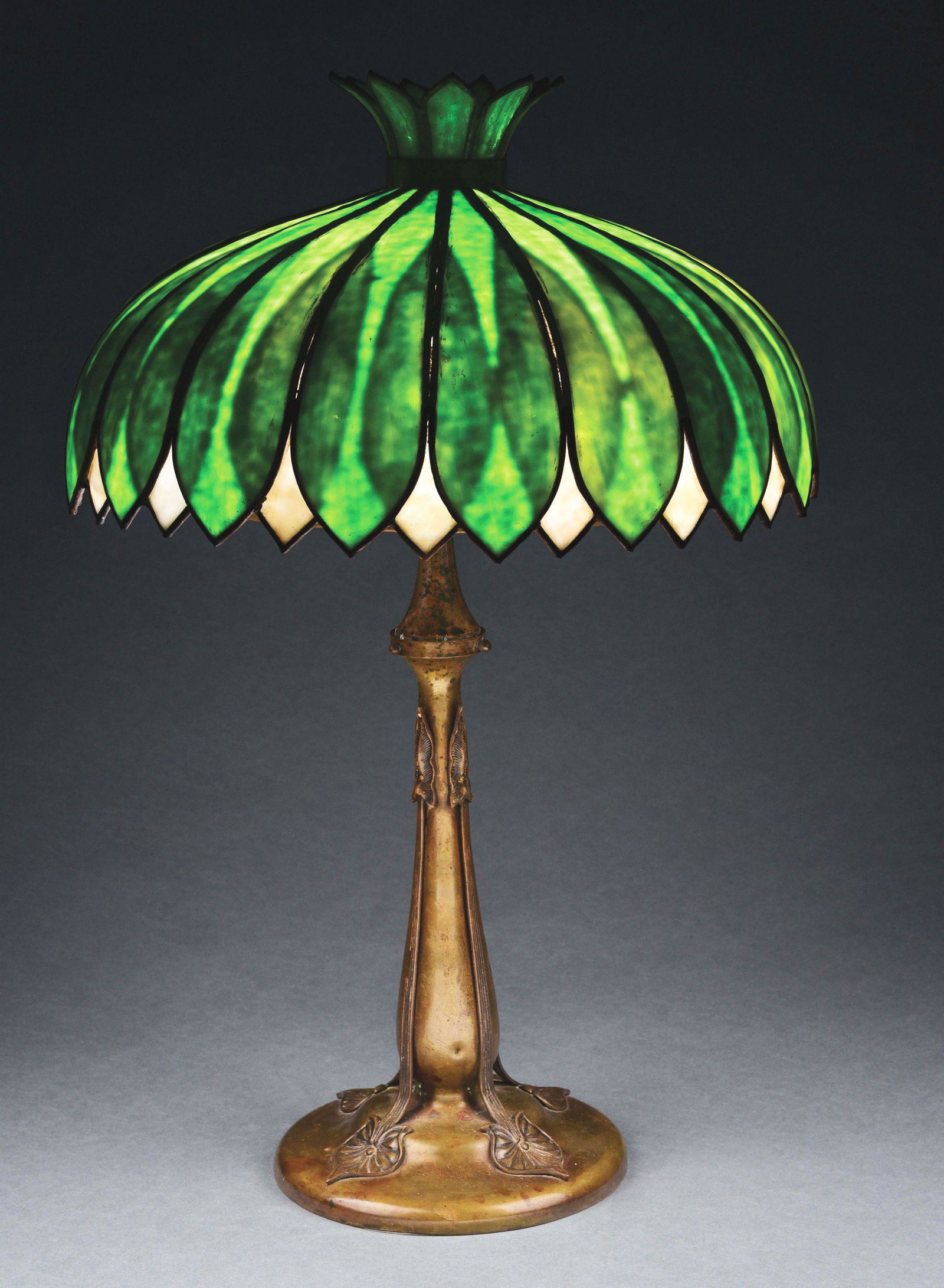 JOHN MORGAN GREEN & WHITE LILY LEADED GLASS LAMP. (1 of 5)