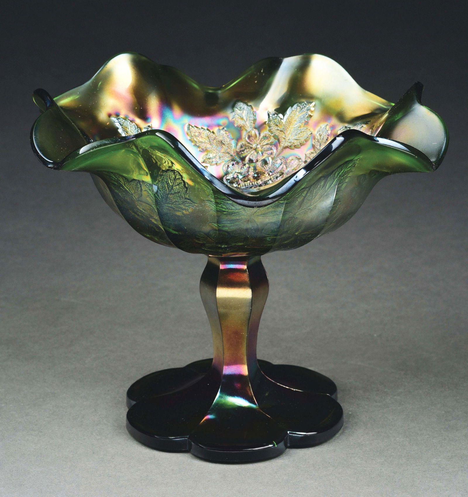 MILLERSBURG PEACOCK AND URN GREEN GLASS COMPOTE. (1 of 6)