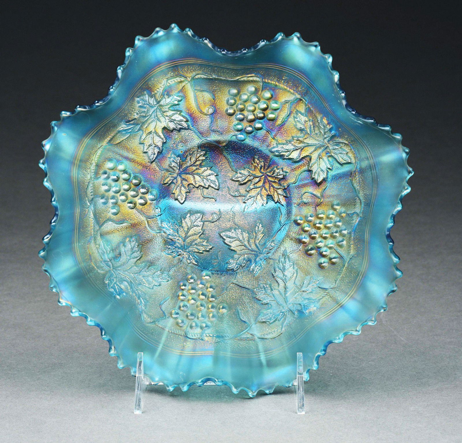 NORTHWOOD GLASS STIPPLED GRAPE AND CABLE SAPPHIRE RUFFLED BOWL. (1 of 2)