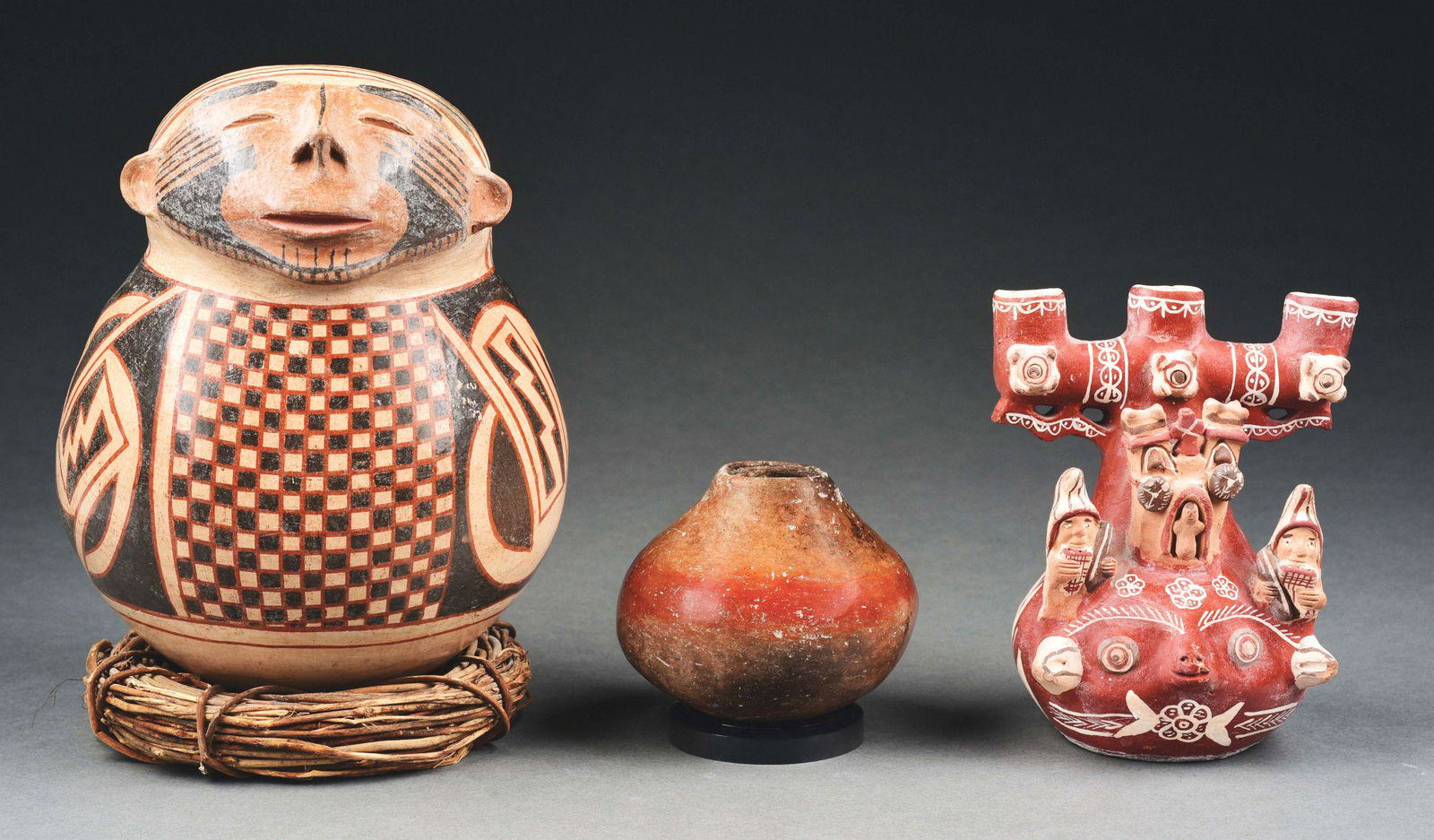 LOT OF 3: VARIOUS POLY CHROME MATA ORTIZ VASES & PUEBLO TRIPLE CANDLE HOLDER. (1 of 5)