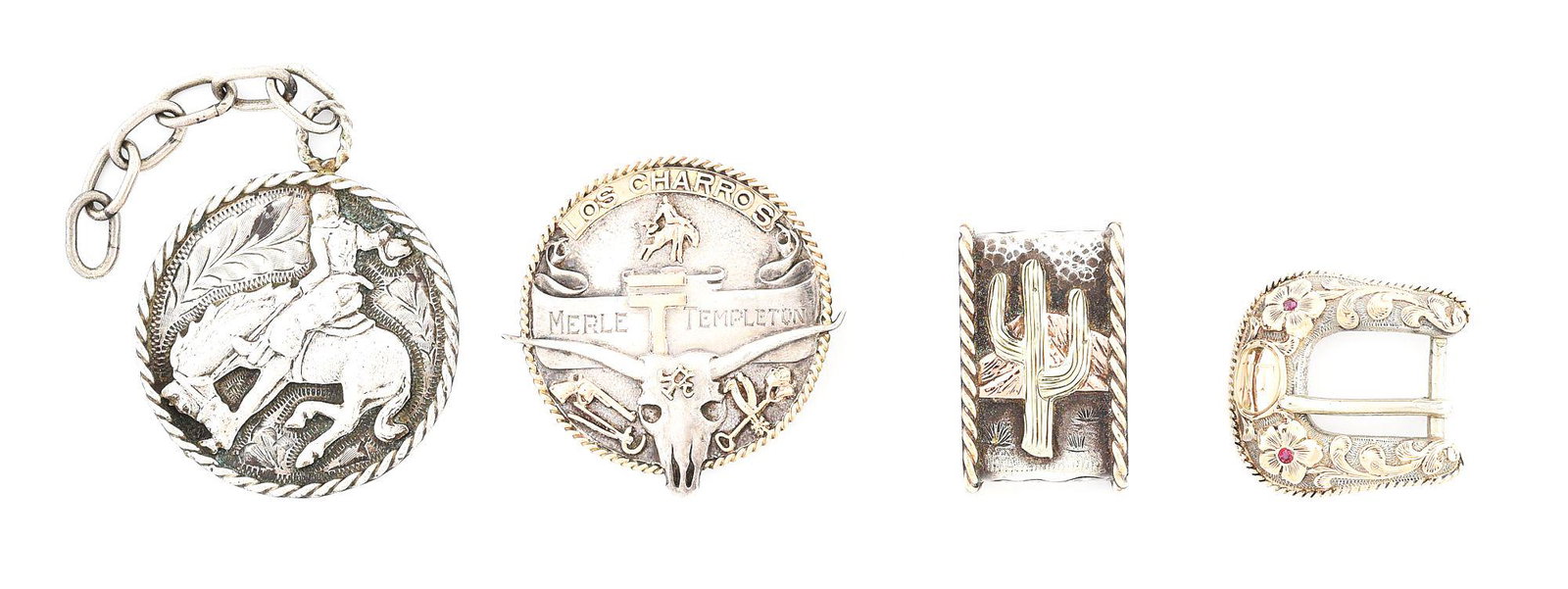 EDWARD H. BOHLIN 4-PIECE STERLING LOT: a) Rare 1930s sterling & 10K gold RV (Rancheros Visitadores) "Los Charros" camp PIN, 1 - 1/2" round with great detail maker-marked Bohlinmade/Hollywood/Calif. Made and marked with the name and brand o