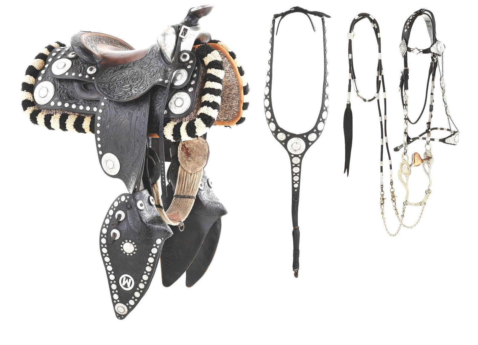 THE PERSONAL EDWARD H. BOHLIN SHOW SADDLE ENSEMBLE OF CAA ARTIST WILLIAM MOYERS: An Edward H. Bohlin pictorial sterling silver show saddle from the estate of Cowboy Artist of America (CAA) William Moyers (1916-2010) This variation of the "Ranchero" model with some extra special to