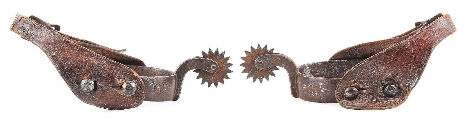 AUGUST BUERMANN "OK" SPURS: The Texas classic! The pattern No. 88 popular during the trail driving days, cataloged as "Genuine Patent O.K. Spurs". These are the early side marked version with double straps buttons. On the center