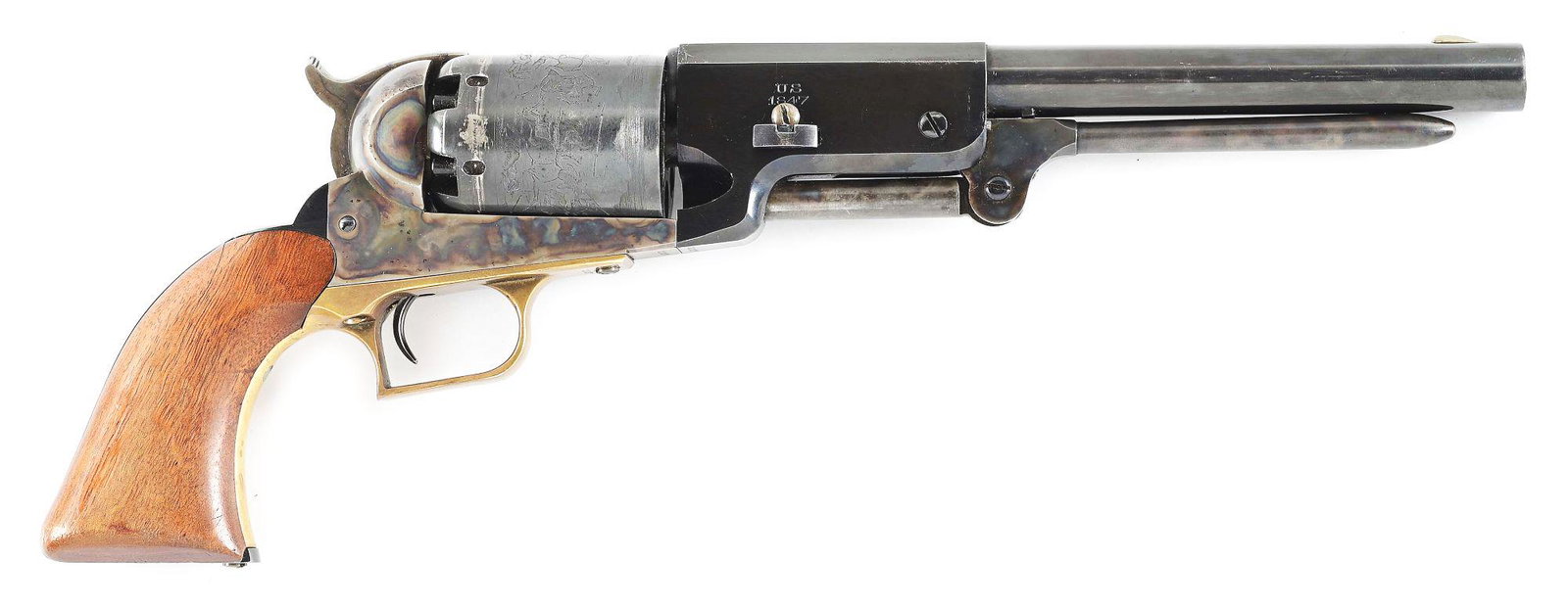 CIMARRON ARMS COLT WALKER PERCUSSION REVOLVER: S/N 32307, .44 caliber, 9 inch barrel, Colt black powder reproduction 1847 Walker. Blue barrel and cylinder, case color loading lever, frame, and hammer, brass trigger guard. Circa contemporary. Condi