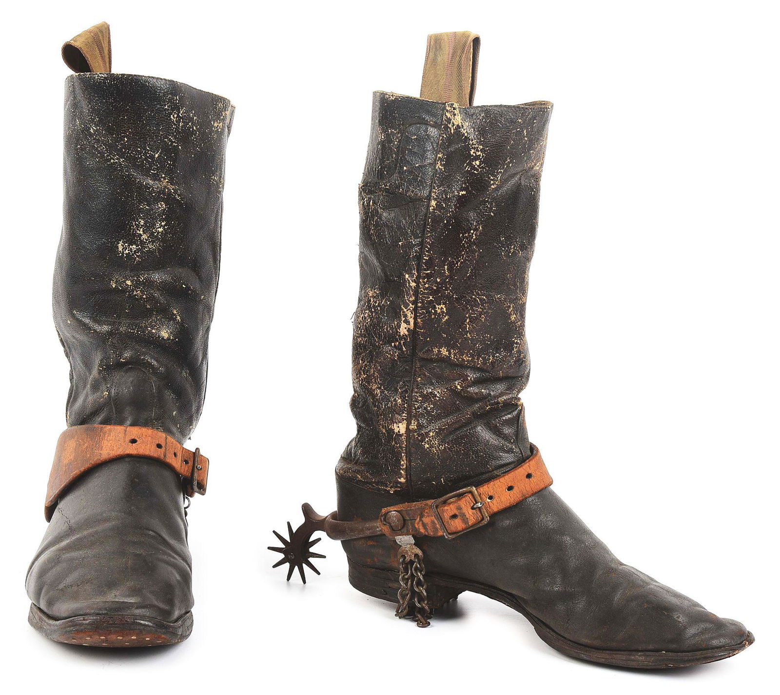 PAIR OF VINTAGE BLACK BOOTS WITH SPURS: Black plain cowboy boots in a early military style, inserted cloth pulls. Mounted with a pair of unmarked drop shank A. Buermann style iron spurs and plain leather straps.