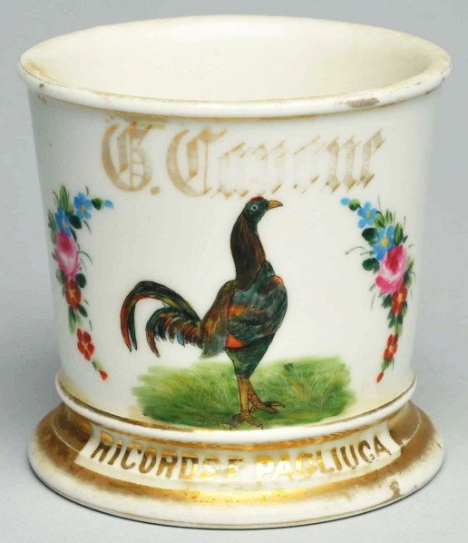Colorful Rooster Shaving Mug.: Gilt name "G. Capone" across the top and gilt name "Ricords E. Pagliuca" across the bottom. Small, floral design with colorful and detailed rooster. "T&V Limoges France" mark on bottom. Condition (Exc