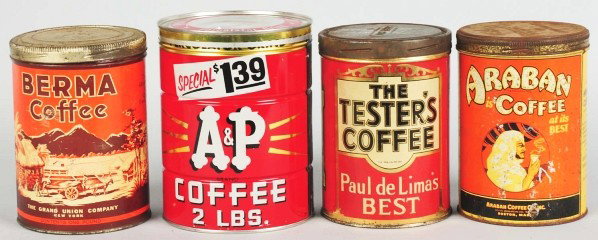 Lot of 4: Assorted Coffee Cans.: Includes three one-pound cans and one two-pound can with very little wear. The Berma and Arabian both have light scratches with light to medium wear and the Testers Coffee has almost no wear with just