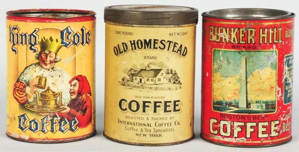 Homestead, Bunker Hill, & King Cole Coffee Cans.: All three are one-pound cans. King Cole is missing its lid. Average to just above average marks and wear. More advanced wear to the Bunker Hill can. Condition (Fair - Good). Size Largest: 6" T.