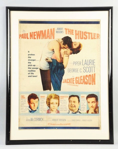"The Hustler" Movie Poster.: 1950s to 1960s. Framed under plexiglass. Medium to heavier overall wear and soiling with some fold marks, staple holes, surface wrinkles, and light wear. Condition (Very Good). Size Framed: 47 - 1/4"