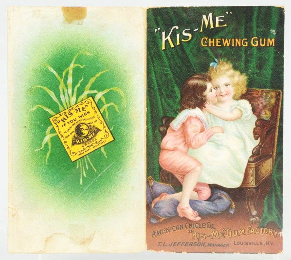 Early Kis-Me Chewing Gum Trade Card.: Circa 1900. Trade card folds open to tell the story of chewing gum. Good graphics with just light to medium wear, spots, stains, and marks. Condition (Very Good). Size Framed: 12" x 10".