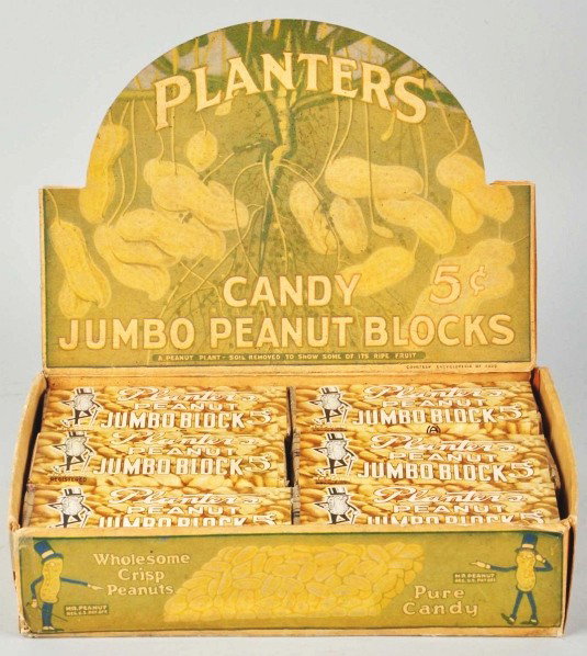 Box of Planters Peanut Jumbo Block Dummy Packages: Complete set of 24 pieces along with a nice display box with fold-up lid panel. Each pack has its original cellophane and outer paper wrapper. General overall wear and fading to box. Condition (Very G