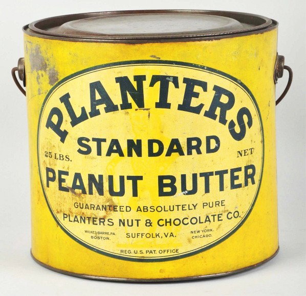 Early Planters Peanut Butter Pail.: 25-pound size. Complete with original lid and handle. Some mild to medium surface wear with some minor paint loss and small stains. Still presents very well. Condition (Very Good). Size 9 - 1/2" T.