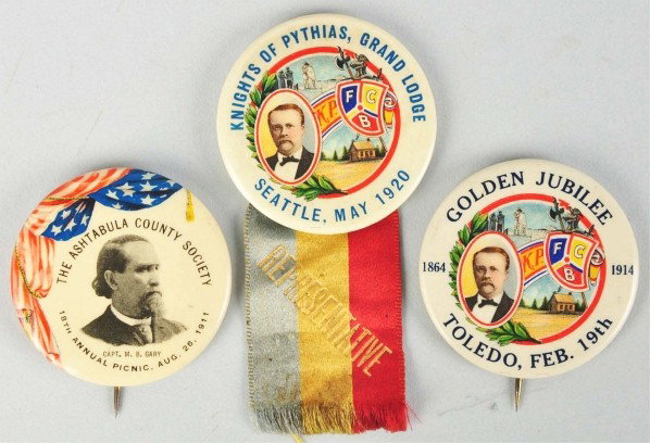 Lot of 3: Pinback Buttons.: 1911 to 1920. One is from Northeast Ohio and shows Captain M.B. Gary. The other two are Knights of Pythias. Only light overall wear. Condition (Excellent - Near Mint). Size Each: 1 - 3/4" Dia.