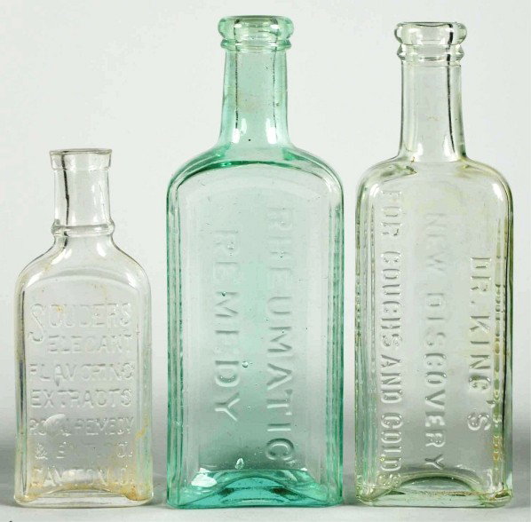 Lot of 3: Early Remedy Bottles.: Late 1800s. Includes Souders, Dr. Kings, and Rheumatic Remedy. Condition (Excellent). Size Largest: 6 - 3/4" T.
