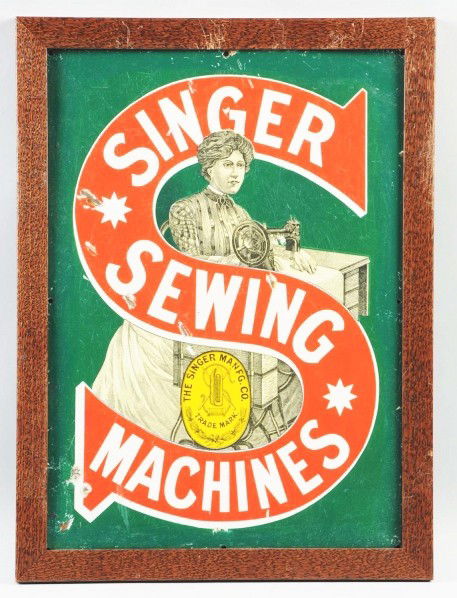 Porcelain Singer Sewing Machines Sign.: Circa 1915. Framed without glass. Very heavily made with nice graphics. Central areas have only small chips and nicks. Outer edge has large chips and touchup on green background. Condition (Good - Ver